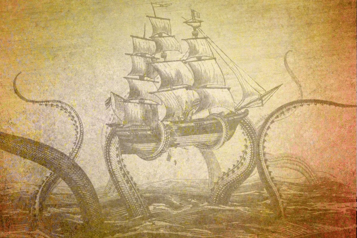 The Kraken, or another giant sea monster, has a pirate ship in its tentacles.