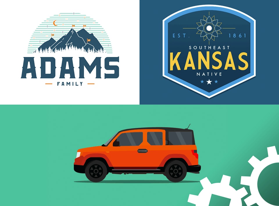 Jimi Adams designs of a family poster, Kansas native sticker, and a Honda Element.