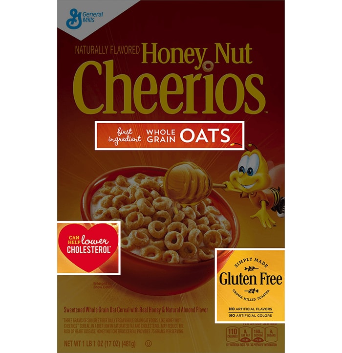 A Cheerios box with highlights on the positive packaging messages.