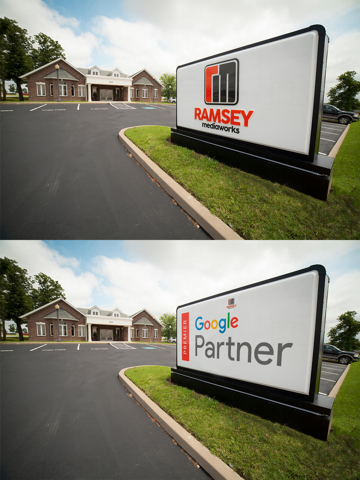 Ramsey MediaWorks road sign replaced with a Google Premier Partner road sign.