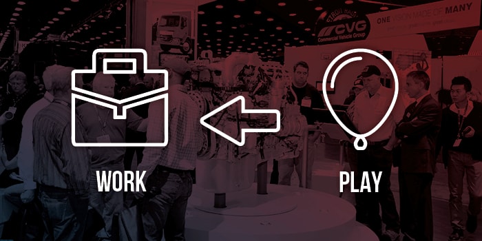 Graphic highlighting the importance of work over play at the Mid-America Truck Show.