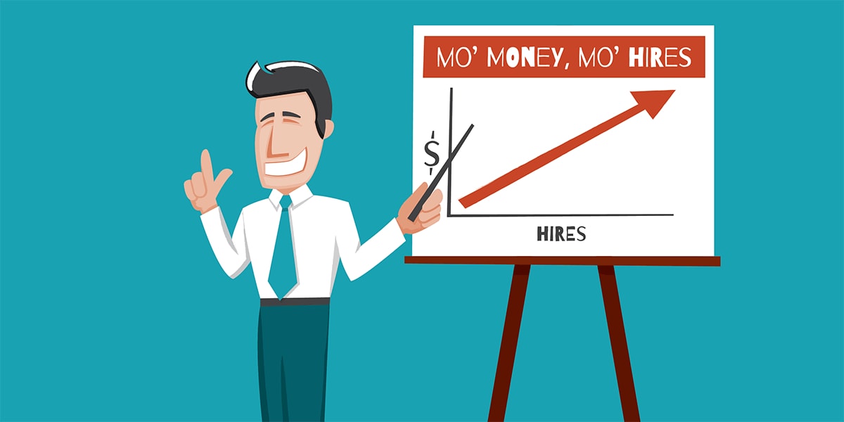 Smiling businessman by a chart claiming more money equals more hires.